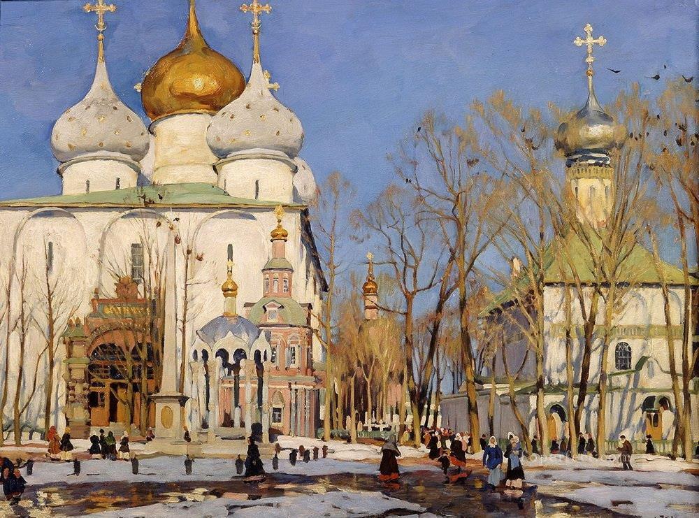 el día de la anunciación 1922 Konstantin Yuon Cristiano Católico Pintura al óleo